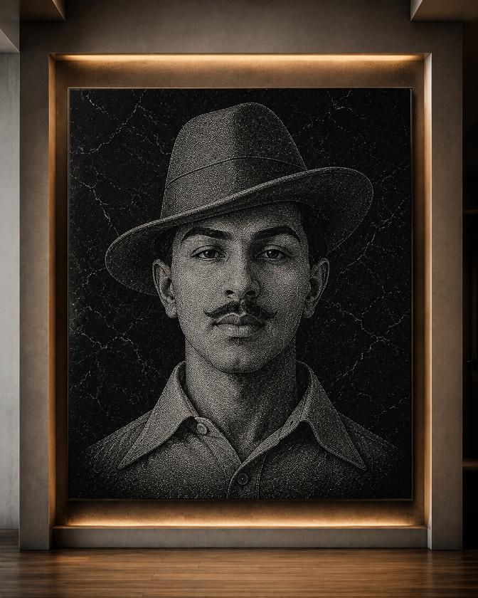 Bhagat Singh Hand Hammered Marble & Glass Art Portrait Custom Wall Art — gallery image