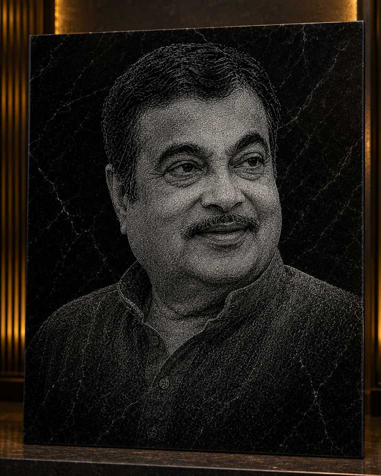 Nitin Gadkari Hand Hammered Marble & Glass Art Portrait Painting — Main Display