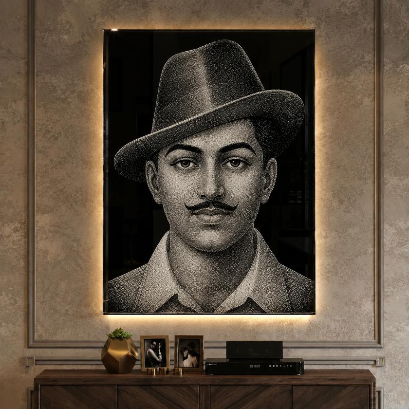Bhagat Singh Hand Hammered Marble & Glass Art Portrait Custom Wall Art — gallery image
